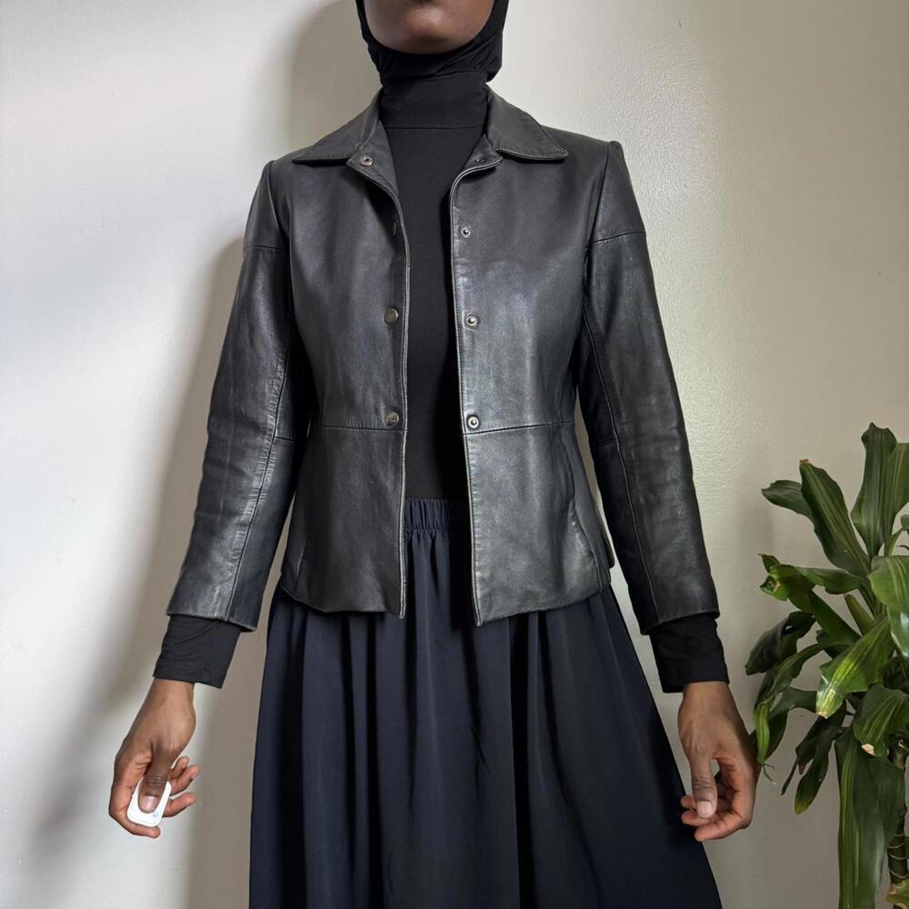 Vintage black leather jacket with snap buttons size PM